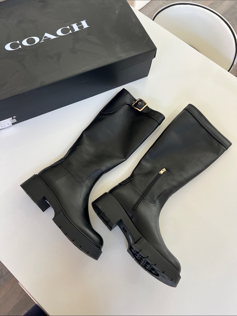 Coach lilli knee high length black leather gold tone buckle boots 8.5